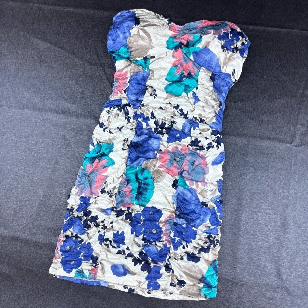 Janice‎ Y2K 2000s Strapless Floral Ruched Dress in Blue and Pink Party Dress